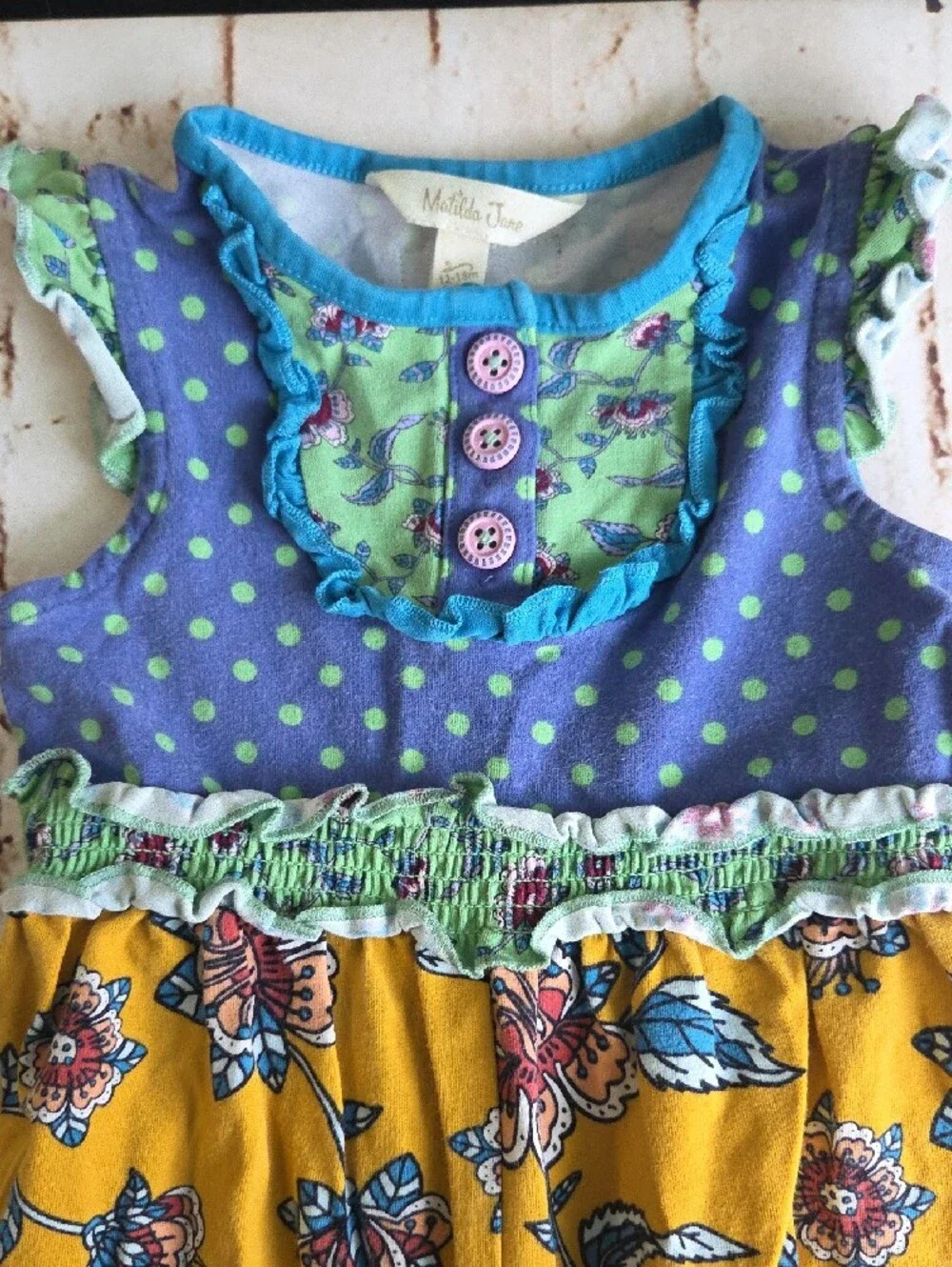 Matilda Jane Yellow Floral Romper with Blue Polka Dot Top